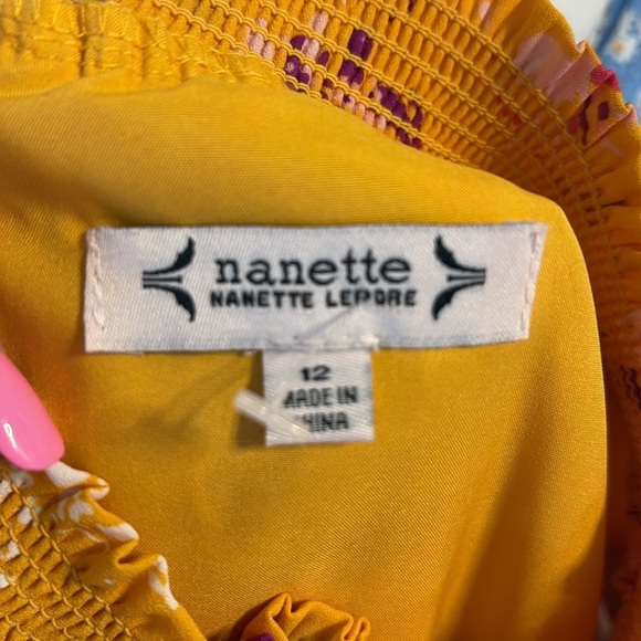 Nanette Laporte high smocked neck / waist accordion midi dress yellow purple 12 - Picture 9 of 12